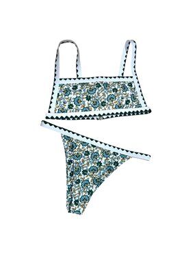 Floral Cheeky Bikini Sexy Swimsuit Green White Size Small NWOT